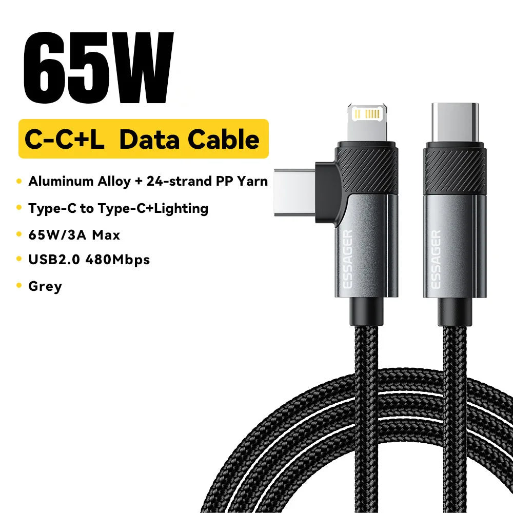 ESSAGER 2-in-1 Right Angle Cable PD 65W 29W Fast Charging Elbow Data Cable For iPhone 15 14 13 MacBook Lenovo Asus Dell iPad Pro