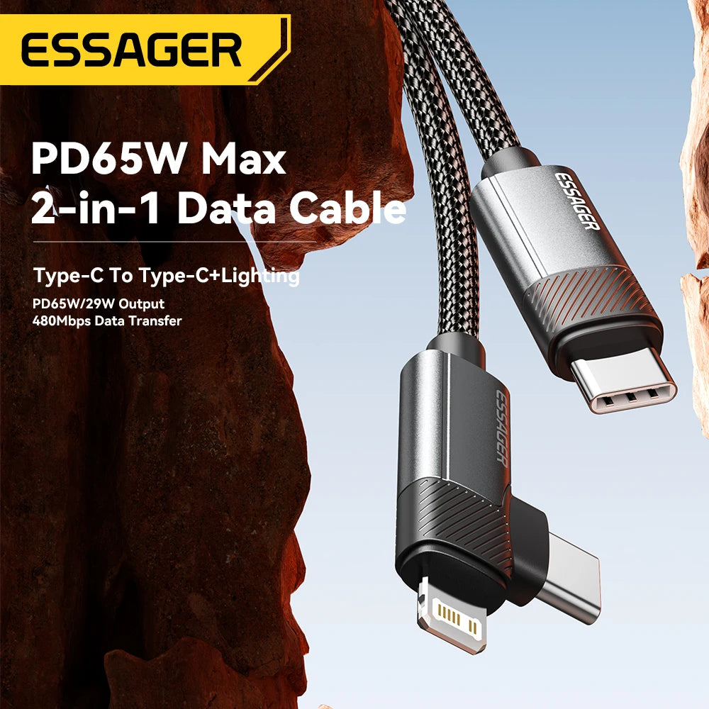 ESSAGER 2-in-1 Right Angle Cable PD 65W 29W Fast Charging Elbow Data Cable For iPhone 15 14 13 MacBook Lenovo Asus Dell iPad Pro