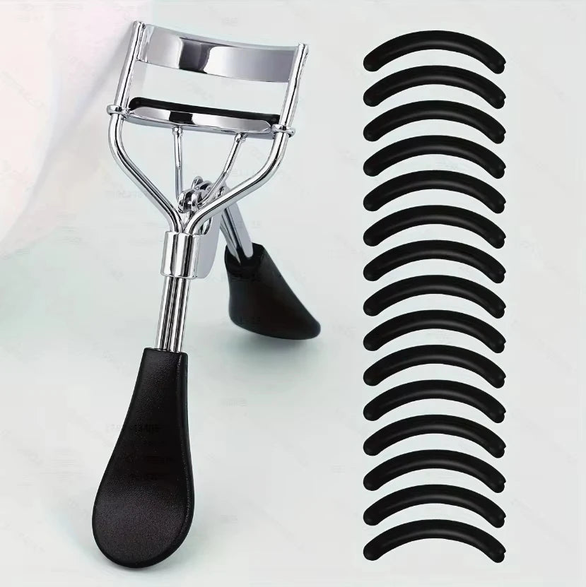 Portable Eyelash Curler Set with 15 Silicone Pads Stainless Steel Design for Eyelash Extension And Curling Beauty Tool
