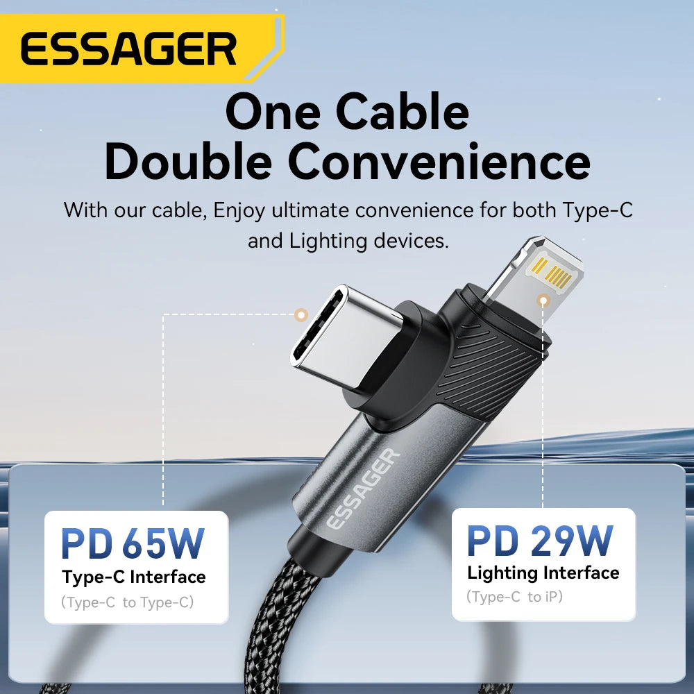 ESSAGER 2-in-1 Right Angle Cable PD 65W 29W Fast Charging Elbow Data Cable For iPhone 15 14 13 MacBook Lenovo Asus Dell iPad Pro
