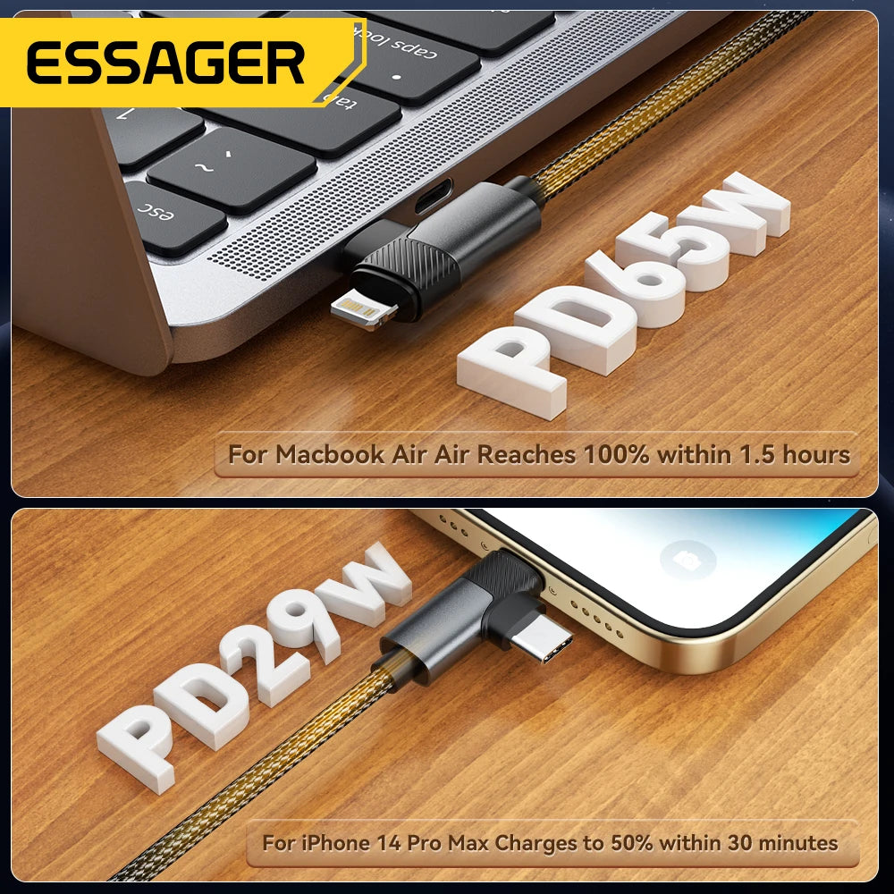 ESSAGER 2-in-1 Right Angle Cable PD 65W 29W Fast Charging Elbow Data Cable For iPhone 15 14 13 MacBook Lenovo Asus Dell iPad Pro