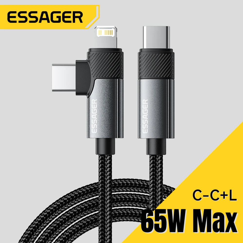 ESSAGER 2-in-1 Right Angle Cable PD 65W 29W Fast Charging Elbow Data Cable For iPhone 15 14 13 MacBook Lenovo Asus Dell iPad Pro