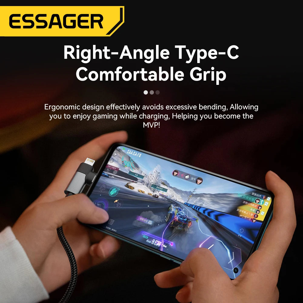 ESSAGER 2-in-1 Right Angle Cable PD 65W 29W Fast Charging Elbow Data Cable For iPhone 15 14 13 MacBook Lenovo Asus Dell iPad Pro