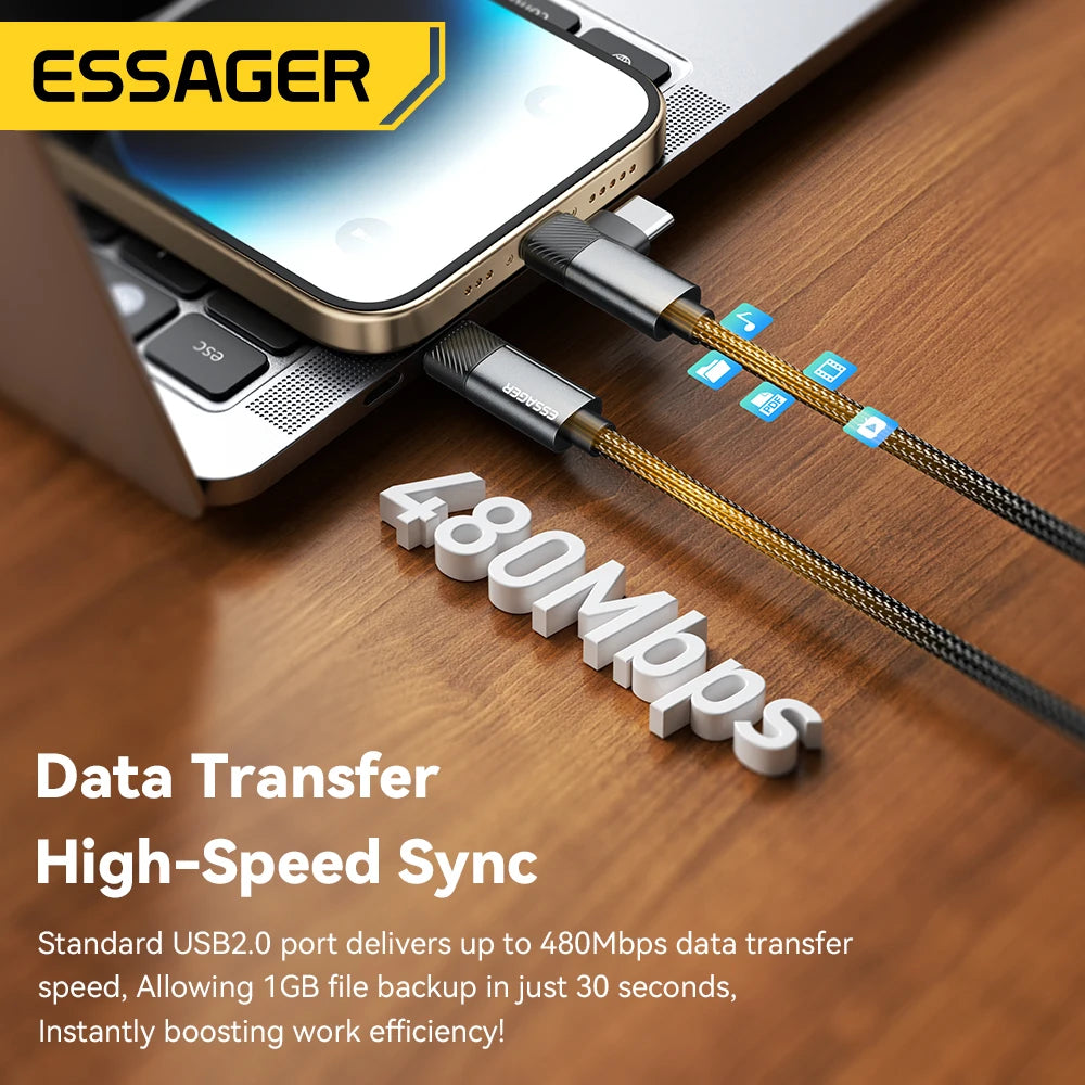 ESSAGER 2-in-1 Right Angle Cable PD 65W 29W Fast Charging Elbow Data Cable For iPhone 15 14 13 MacBook Lenovo Asus Dell iPad Pro