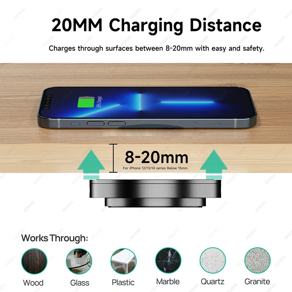 Invisible Wireless Charging Pad Built in Desk Furniture Wireless Charger Long Distance 20mm for iPhone Samsung Table Qi Charger